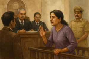 Watercolor courtroom scene showing a litigant appealing before judges in a blacklisting case decided by Patna High Court
