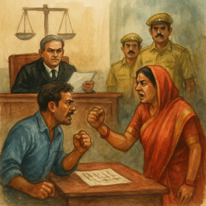 Indian courtroom scene showing dispute over panchayat vote recount with judge and villagers