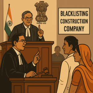 Courtroom illustration of Indian judge and advocate discussing blacklisting of a construction company