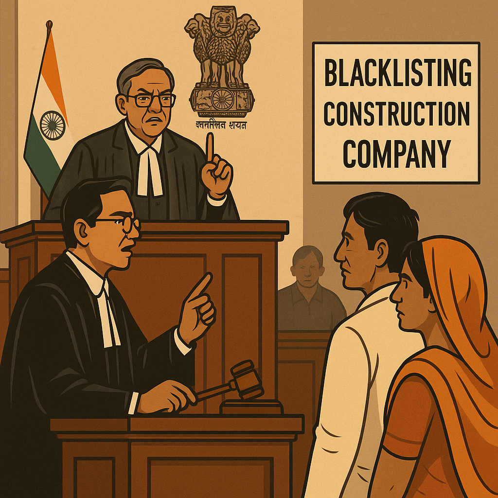 Courtroom illustration of Indian judge and advocate discussing blacklisting of a construction company
