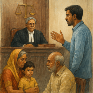 Indian courtroom illustration showing a custody hearing with judge, father, and concerned grandparents