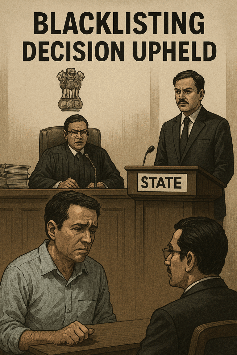 Courtroom scene depicting blacklisting of a contractor by state authorities during Patna High Court hearing