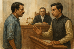 Courtroom illustration showing dispute between government official and contractor over road project in Patna High Court