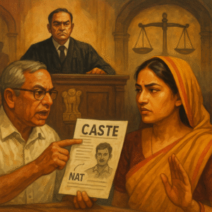 Indian courtroom scene showing legal conflict over caste verification of elected woman leader