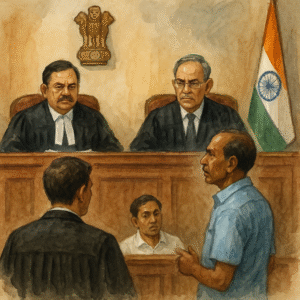 Watercolor courtroom scene showing judges hearing dismissal case of CRPF officer over second marriage and forged documents