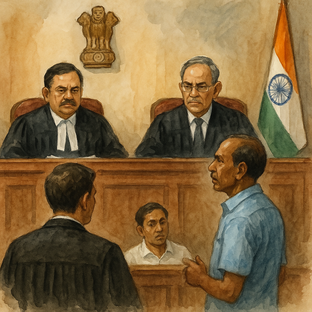 Watercolor courtroom scene showing judges hearing dismissal case of CRPF officer over second marriage and forged documents