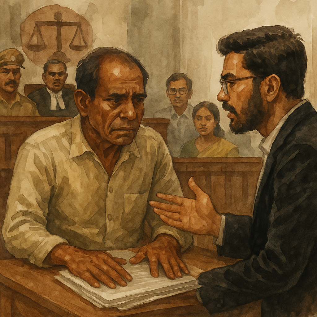 Watercolor courtroom illustration showing dispute over joint family land sale in Patna High Court