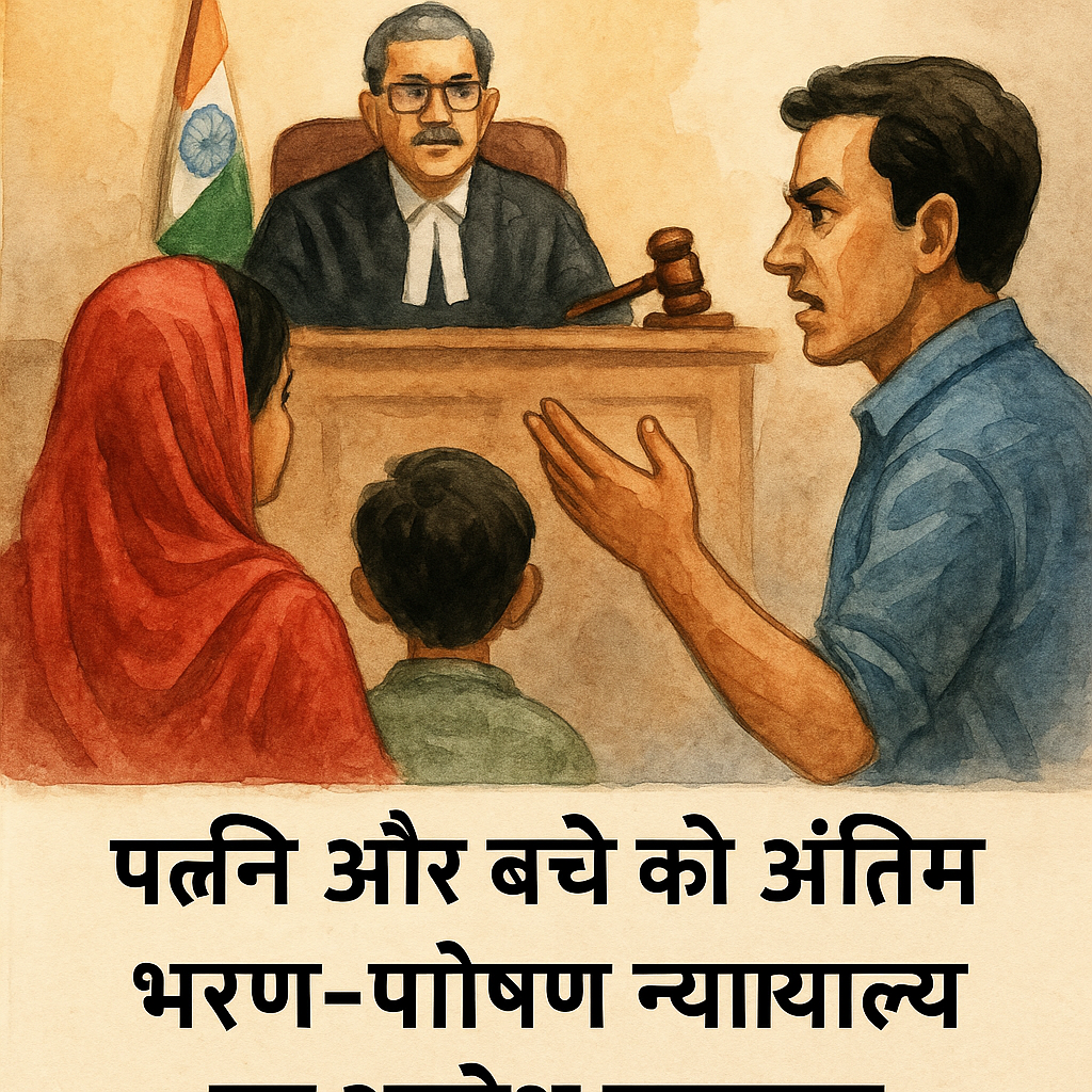 Watercolor courtroom scene of Patna High Court hearing interim maintenance for wife and child