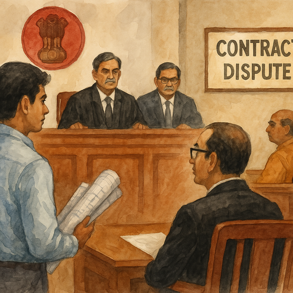 Watercolor courtroom illustration showing judges hearing contractor dispute related to BOQ omission in Bihar