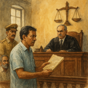 Courtroom illustration showing petitioner with Power of Attorney pleading for land mutation before Indian judge