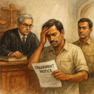 Courtroom illustration showing contractor reacting to debarment notice before Patna High Court
