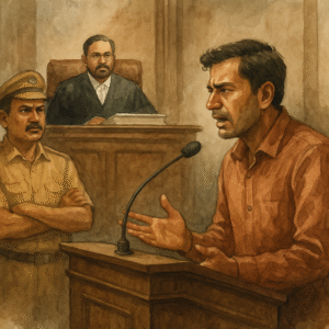 Courtroom watercolor of contractor challenging indefinite blacklisting without notice in Patna High Court