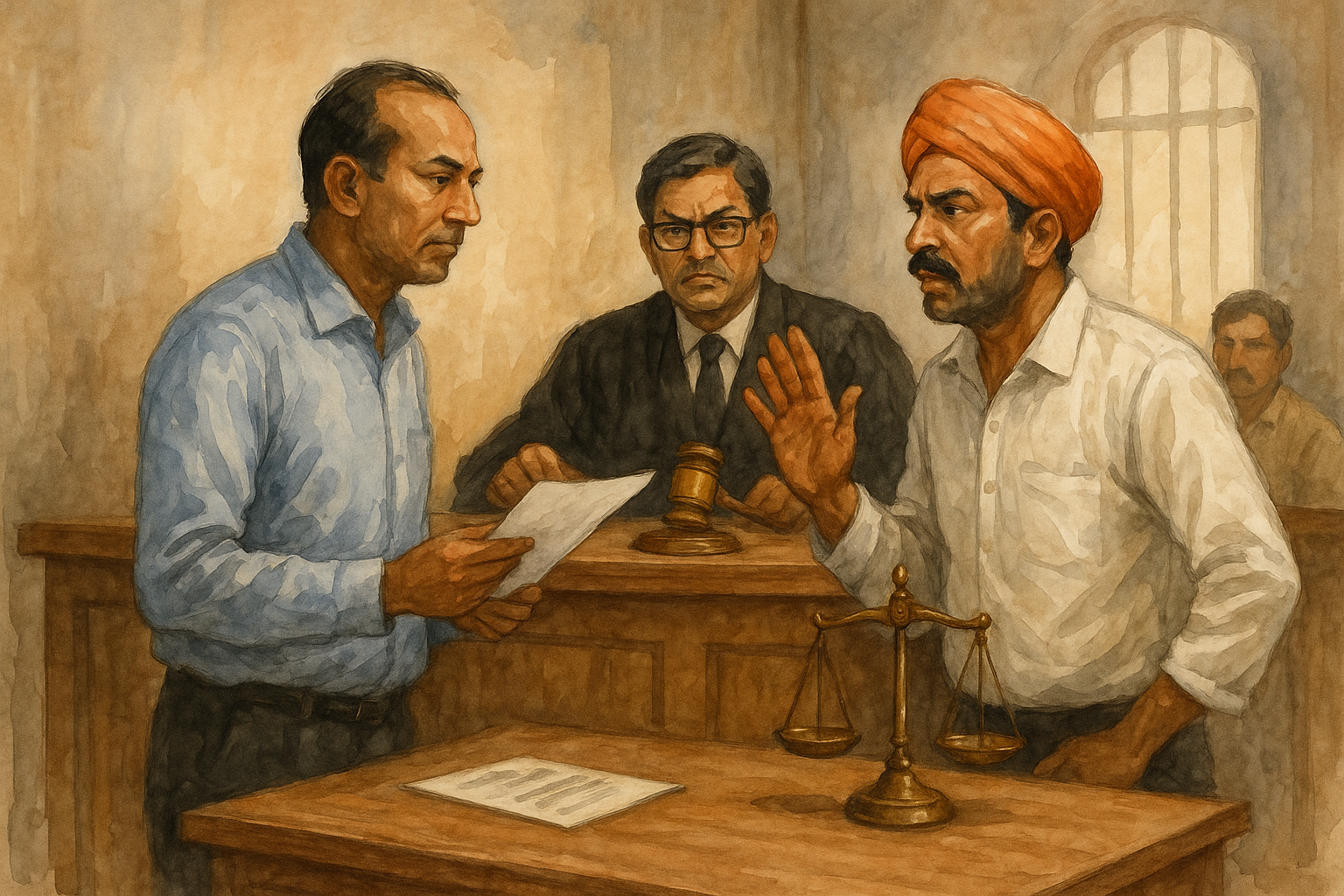 Watercolor courtroom scene showing legal dispute over auction sale under SARFAESI Act in Patna High Court
