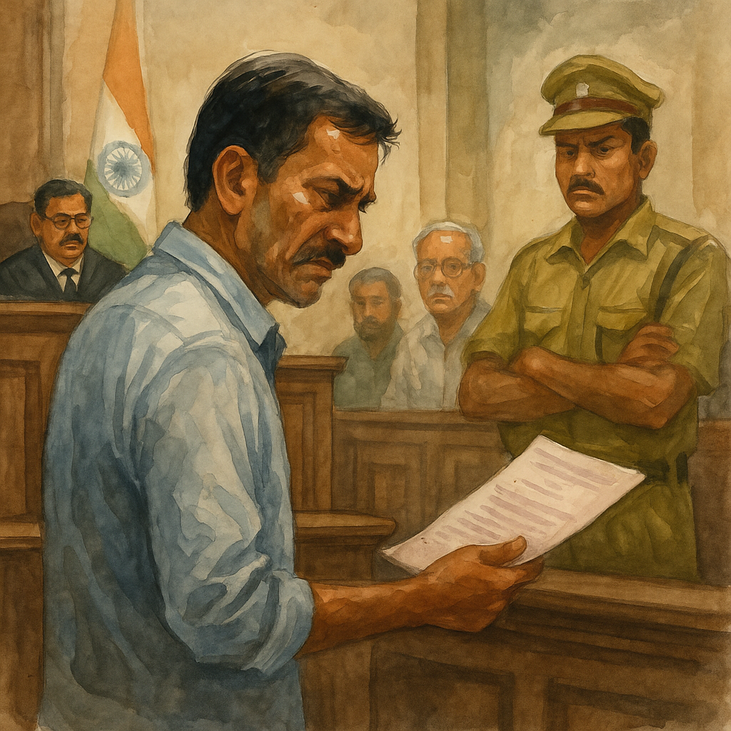 Courtroom illustration showing a man facing disqualification over voter list error in Panchayat election