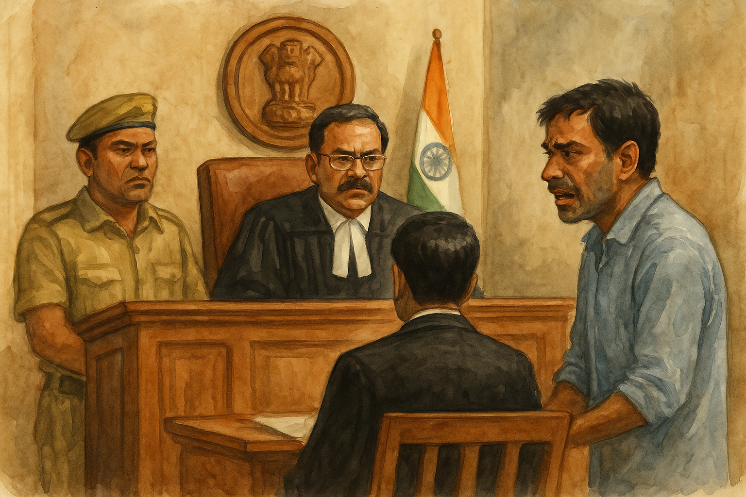 Courtroom watercolor showing a contractor defending himself before Indian judge in blacklisting case