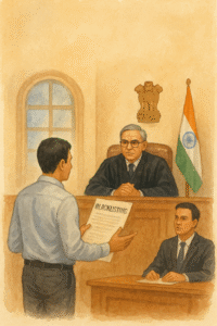 Watercolor courtroom illustration showing a contractor challenging blacklisting before an Indian judge