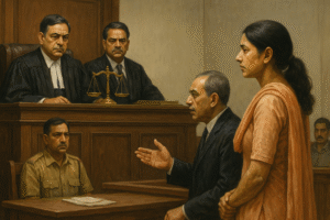 Courtroom scene showing woman facing potential blacklisting, argued before Patna High Court judges