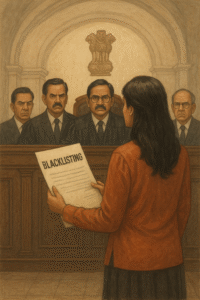 Courtroom painting showing woman presenting blacklisting order before judges in Patna High Court setting