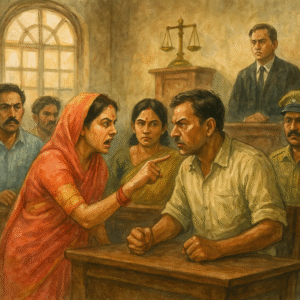 Watercolor courtroom illustration of confrontation during no-confidence motion case in Vaishali Panchayat, Bihar