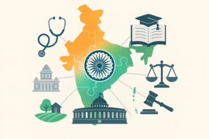 Illustrated map of India as interlocking puzzle pieces in tricolor hues, linked to icons for health, education, and law, symbolizing cooperative federalism between Union and States.