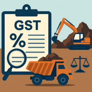 Illustration of mining trucks and excavators representing GST on mining royalty decided by Patna High Court
