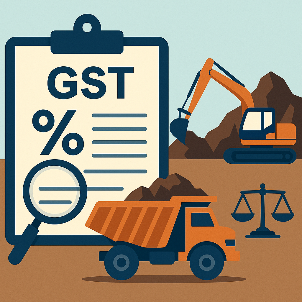 Illustration of mining trucks and excavators representing GST on mining royalty decided by Patna High Court