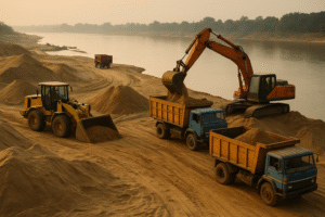 Sand mining operation along a river in Bihar with excavators and trucks, depicting the subject of GST on mining royalty