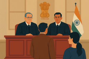 Colorful Indian courtroom illustration showing judges and petitioners during a Bihar government job eligibility case