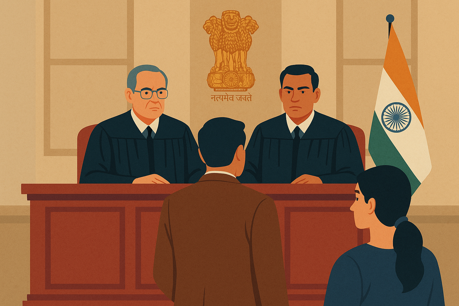 Colorful Indian courtroom illustration showing judges and petitioners during a Bihar government job eligibility case