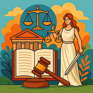 Colorful illustration showing Lady Justice, law book, gavel, and courthouse symbolizing Patna High Court judgment on Home Guard recruitment.
