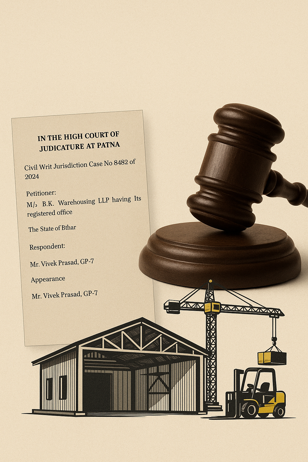 Realistic illustration of warehouse construction with crane and forklift, symbolizing GST input tax credit dispute in Patna High Court.