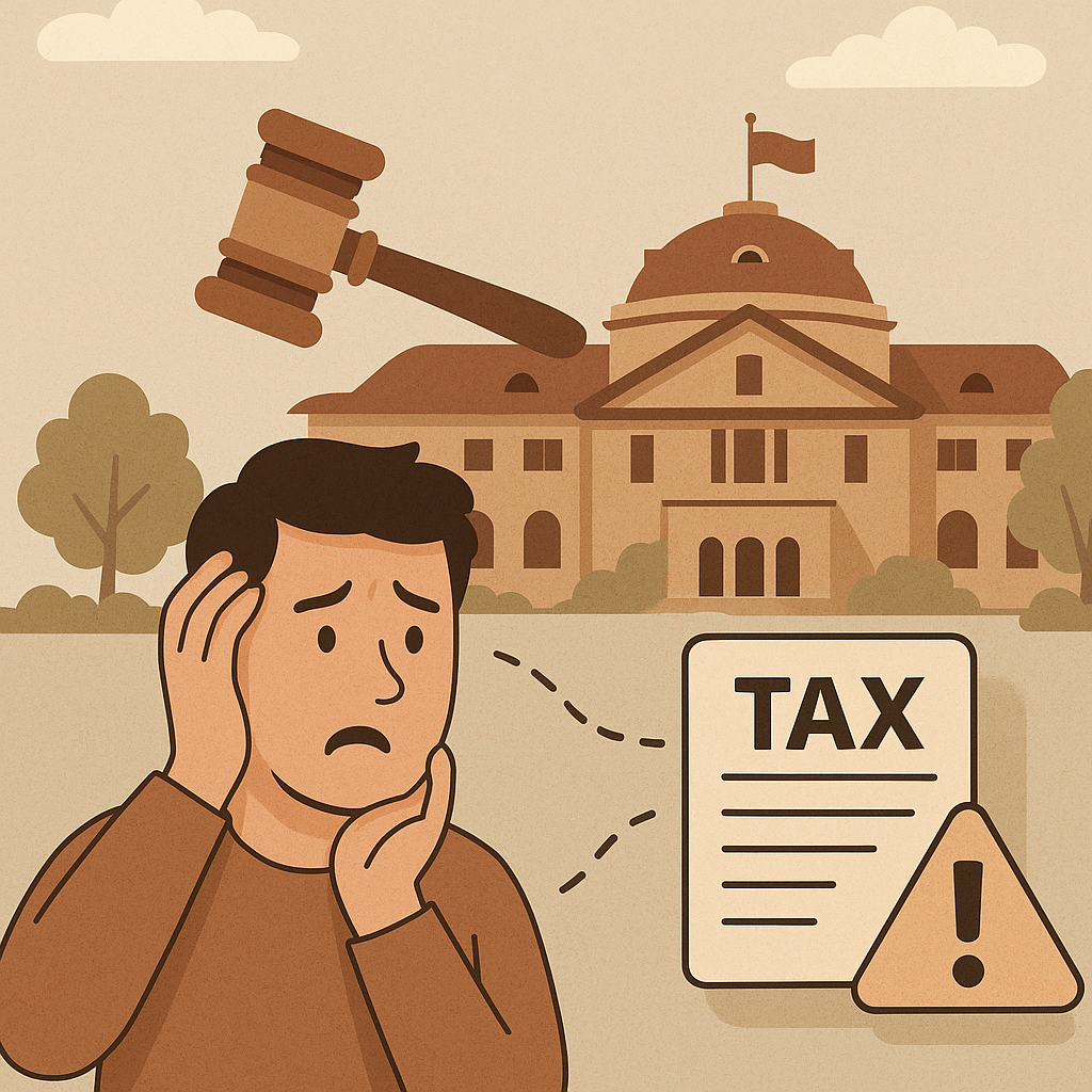 Illustration of a worried taxpayer, tax notice, and Patna High Court building highlighting a legal issue about improper GST notice procedure.