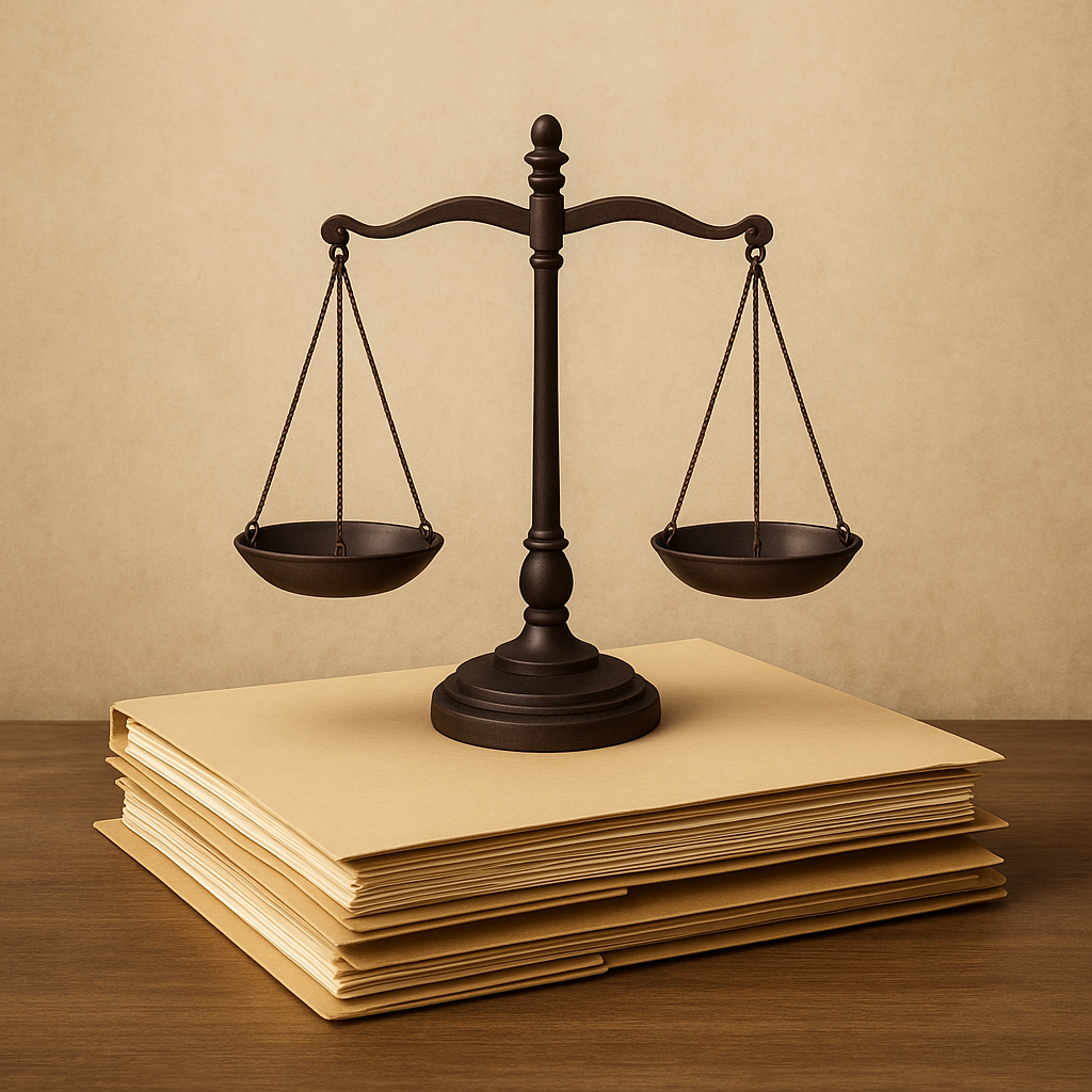 Symbolic illustration of justice scales placed over GST case files reflecting refund dispute under judicial review