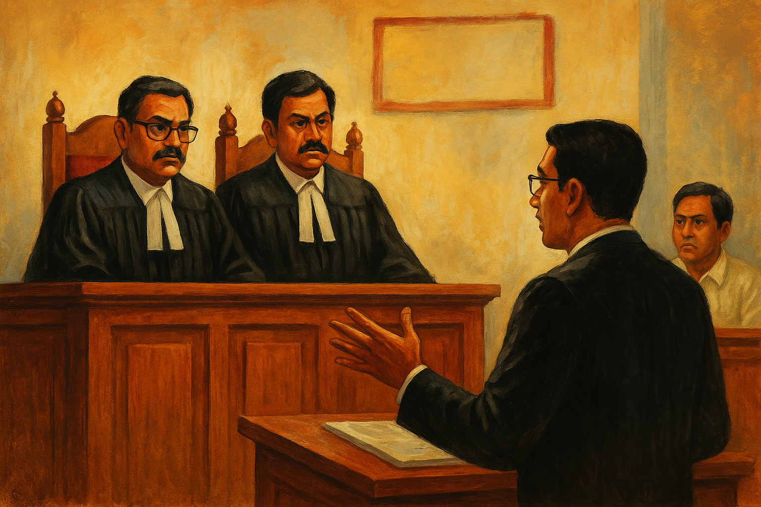 Courtroom painting showing legal argument in customs seizure case decided by Patna High Court
