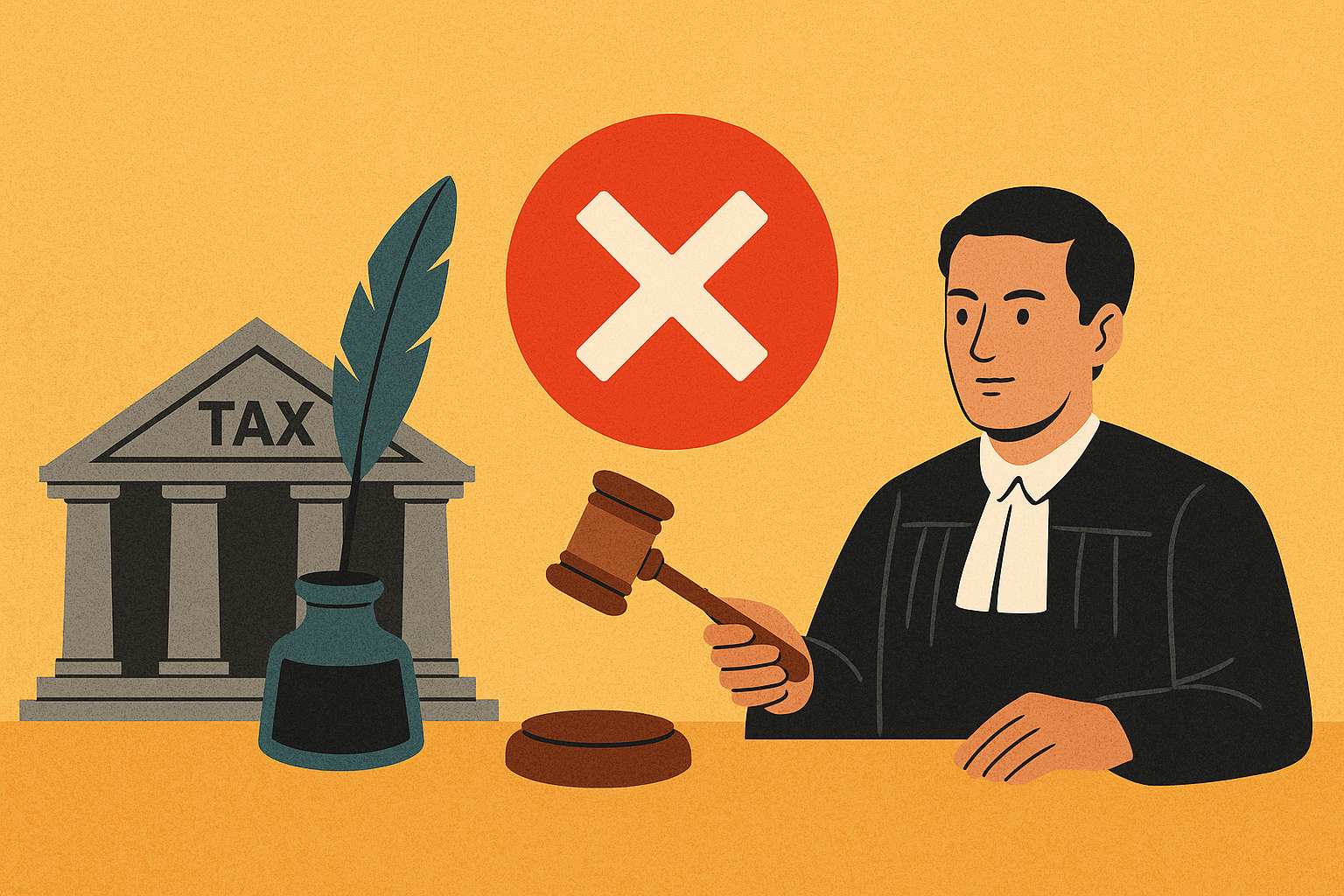 Illustration showing judge rejecting old tax claims with a courthouse and gavel, symbolizing insolvency protection under IBC.