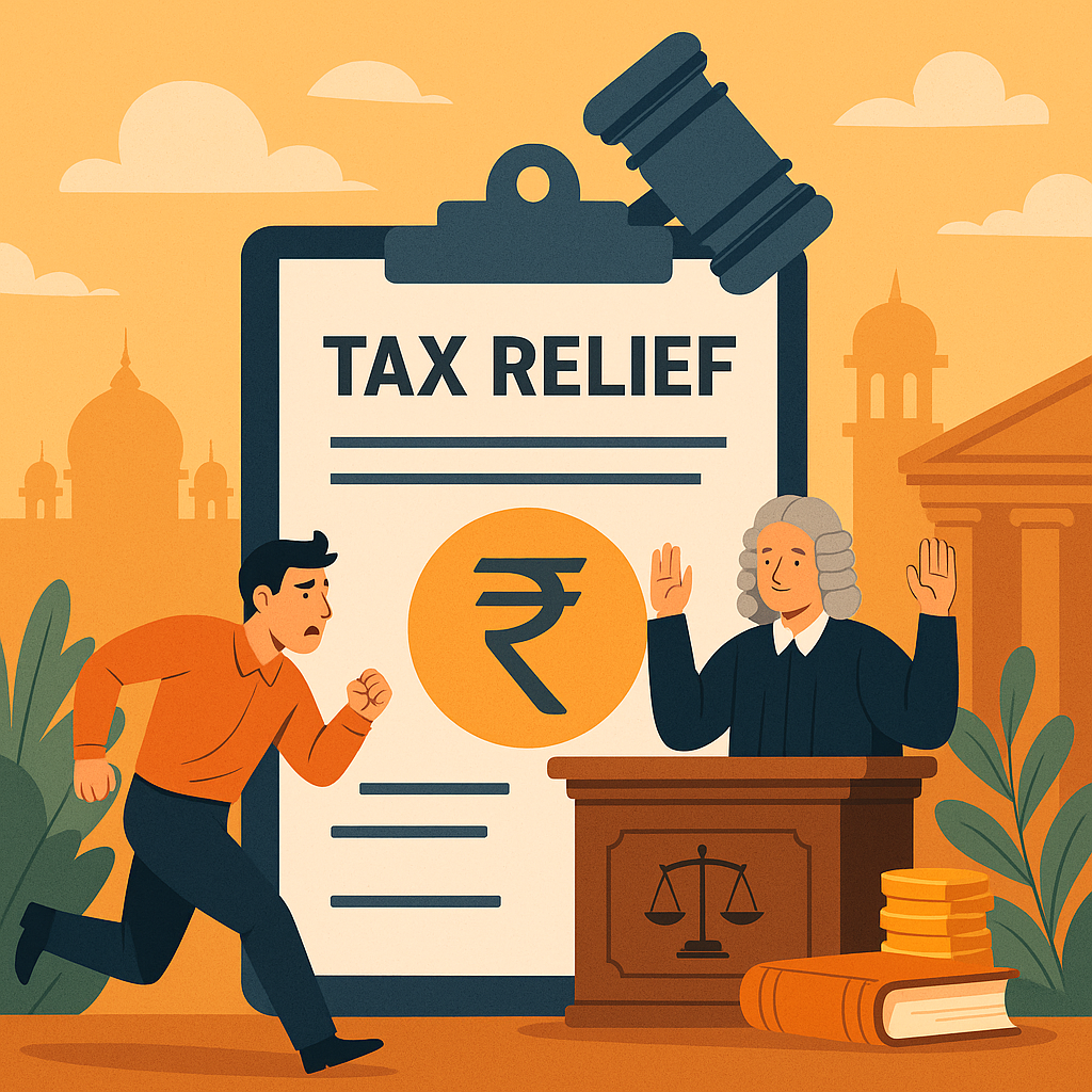Realistic illustration of a judge staying GST recovery due to pending Tribunal formation, showing a distressed taxpayer and legal relief in Indian setting