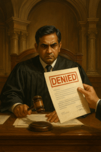 Illustration of Indian courtroom with judge rejecting a delayed GST registration appeal