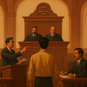 Courtroom illustration showing a GST tax dispute being argued before judges in Patna High Court