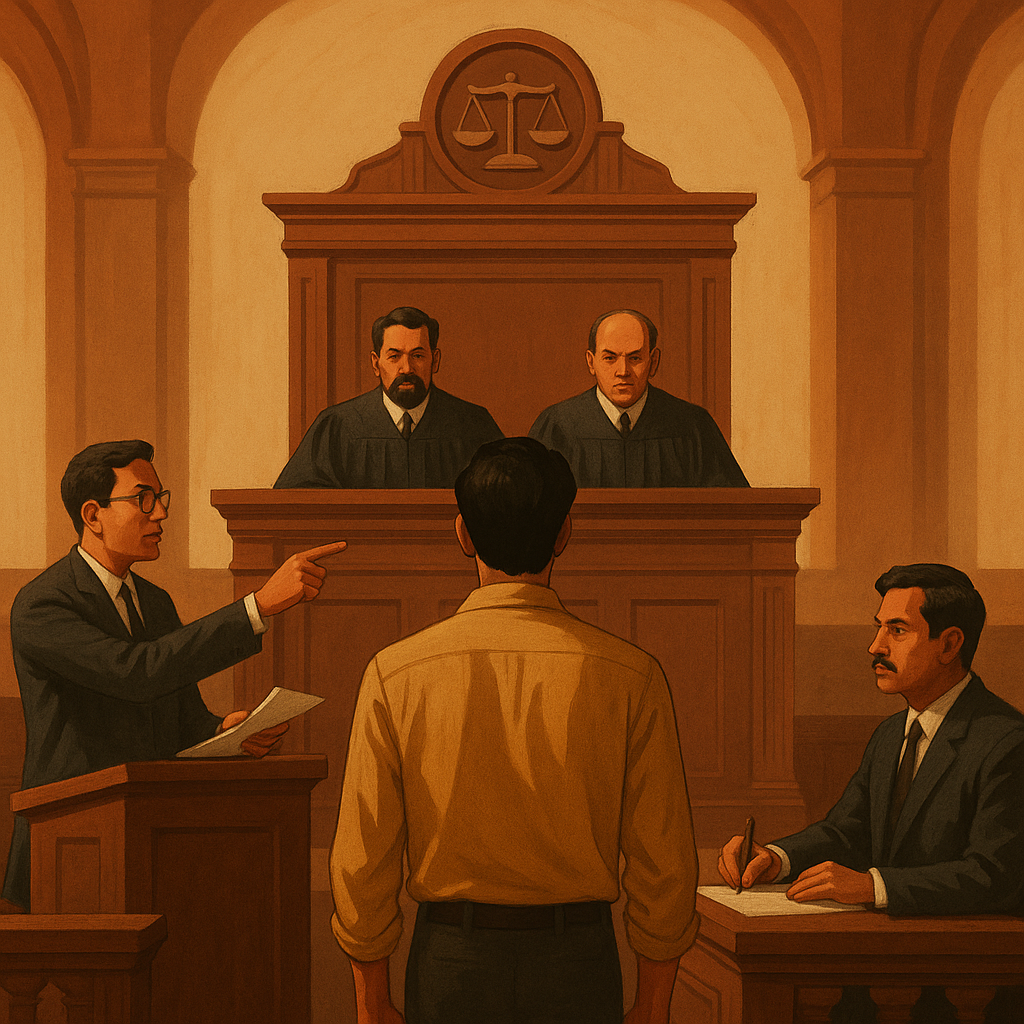 Courtroom illustration showing a GST tax dispute being argued before judges in Patna High Court
