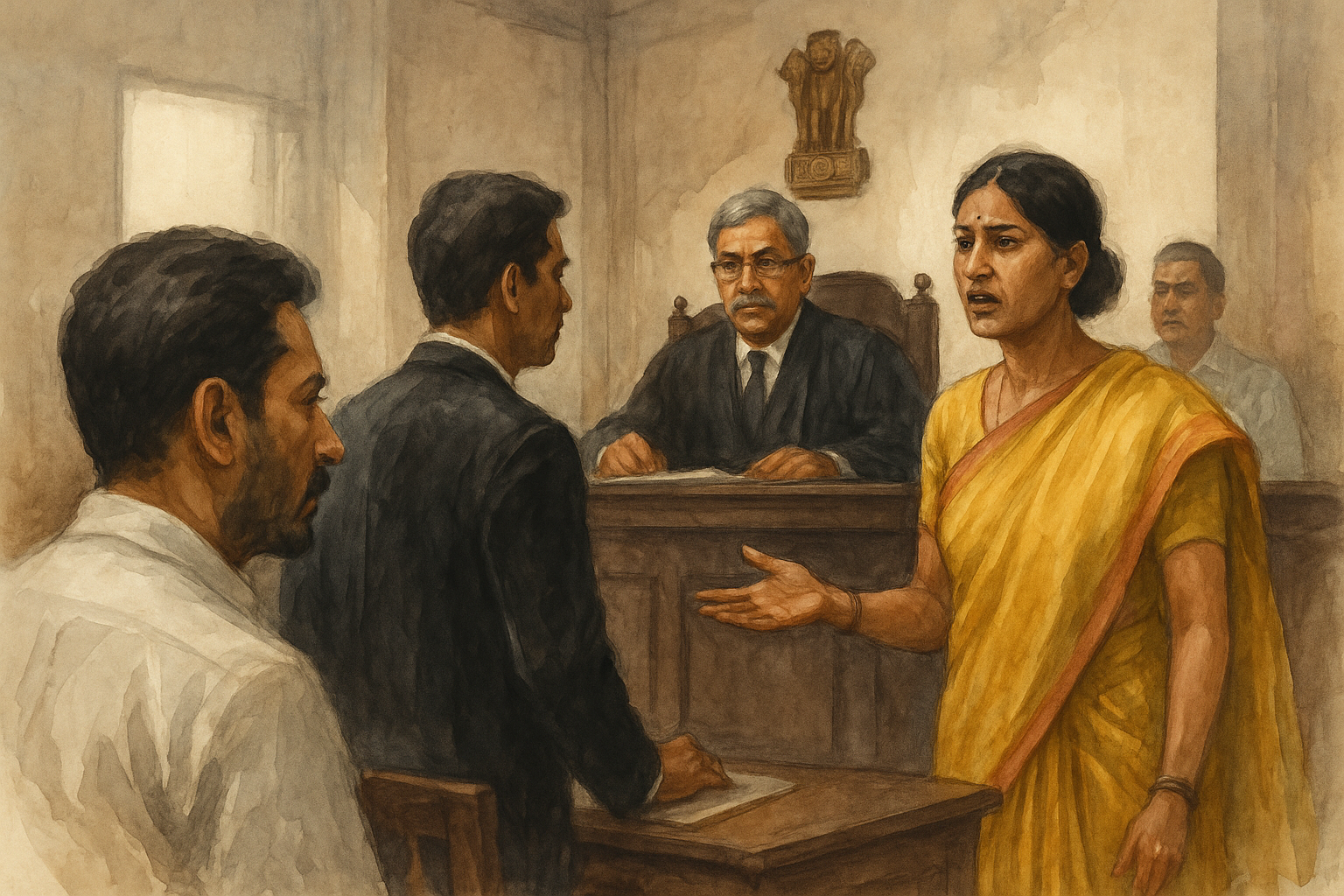 Watercolor courtroom scene showing legal dispute over GST on construction under a development agreement in India