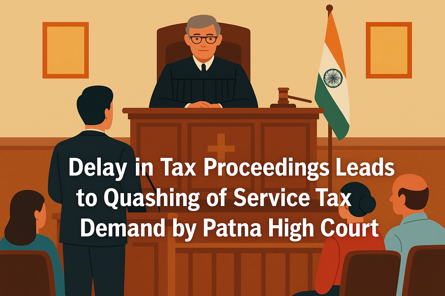 Courtroom illustration showing Patna High Court decision cancelling service tax demand due to excessive delay after COVID-19 extension