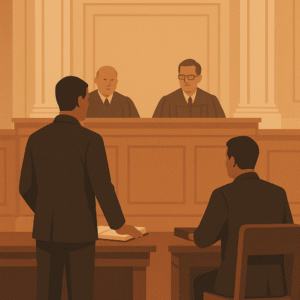Courtroom illustration showing judges and lawyers during GST fake invoice ITC blocking case hearing in Patna High Court