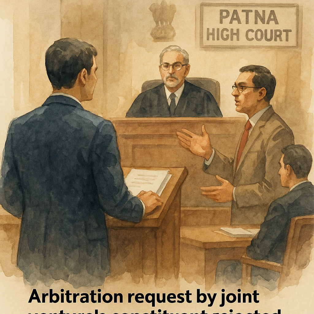 Watercolor-style courtroom illustration showing judge ruling on arbitration request by a JV partner in commercial contract case