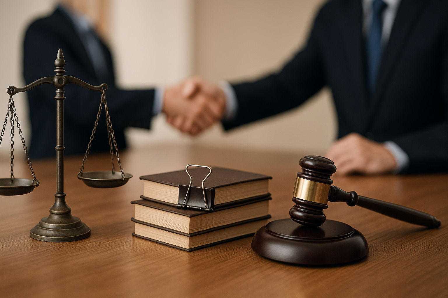 Legal scene showing gavel, law books, and two professionals shaking hands — symbolizing arbitration and contract resolution