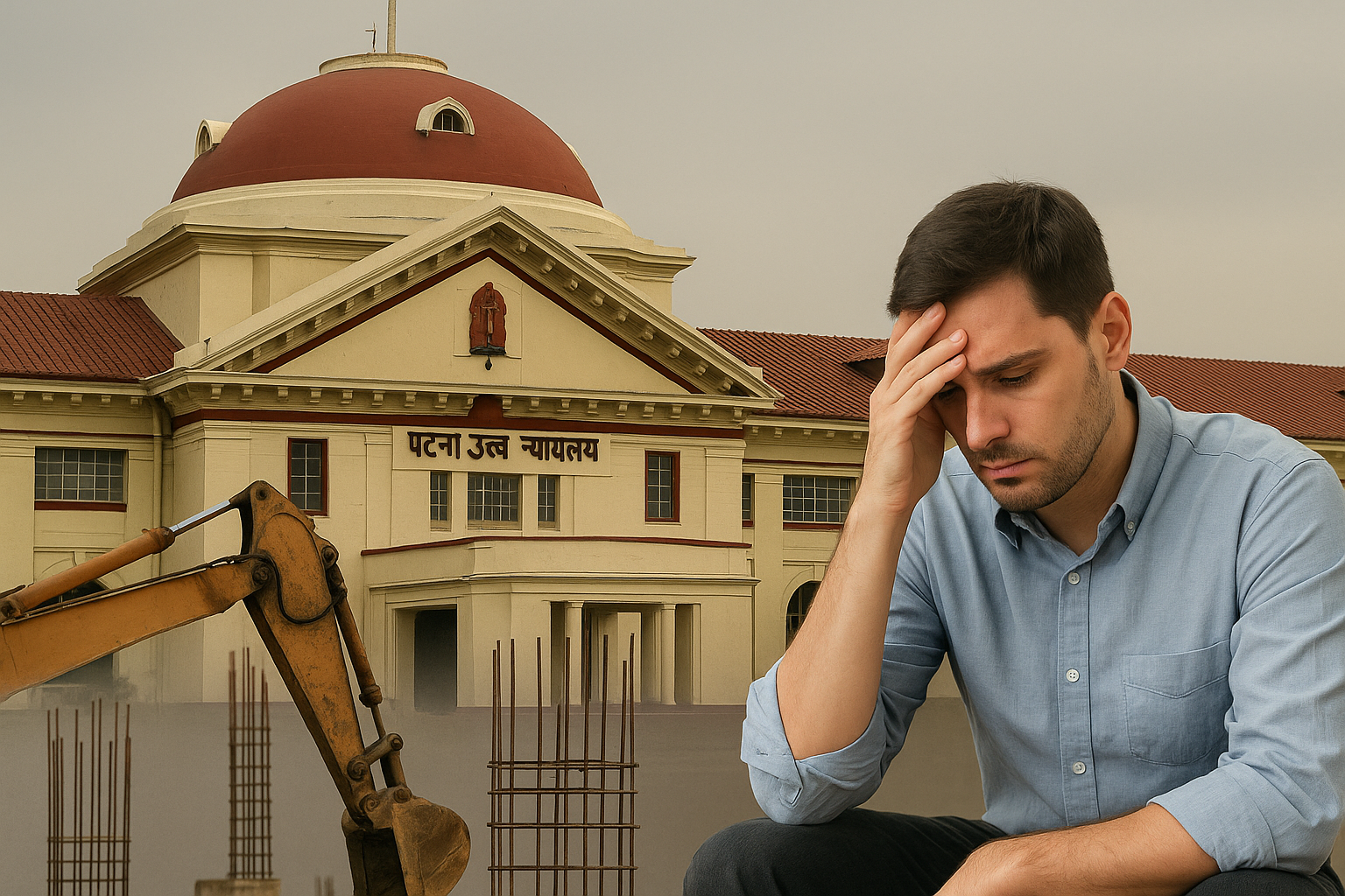 Patna High Court ka pratikatmak drishya jismein chintit thekedar aur nirman site hai, jo pariyojna deri ke vivaad ko darshata hai