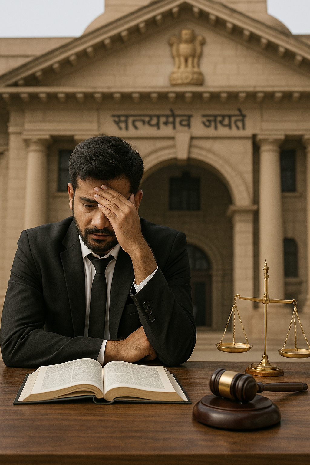 Patna High Court ke bahar vyakti, jiska anishchit debarment avadhi na hone par radd kiya gaya, rahat ka pratik