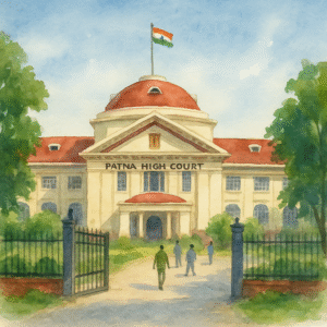 Patna High Court ka watercolor chitra jisme khule gate hain, jo nyay aur rape case me bari ka pratik hai