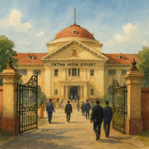 Patna High Court ka watercolor chitra jisme khule gate hain, jo kanooni prakriya aur arbitral award appeal ke kharij hone ka pratik hai.