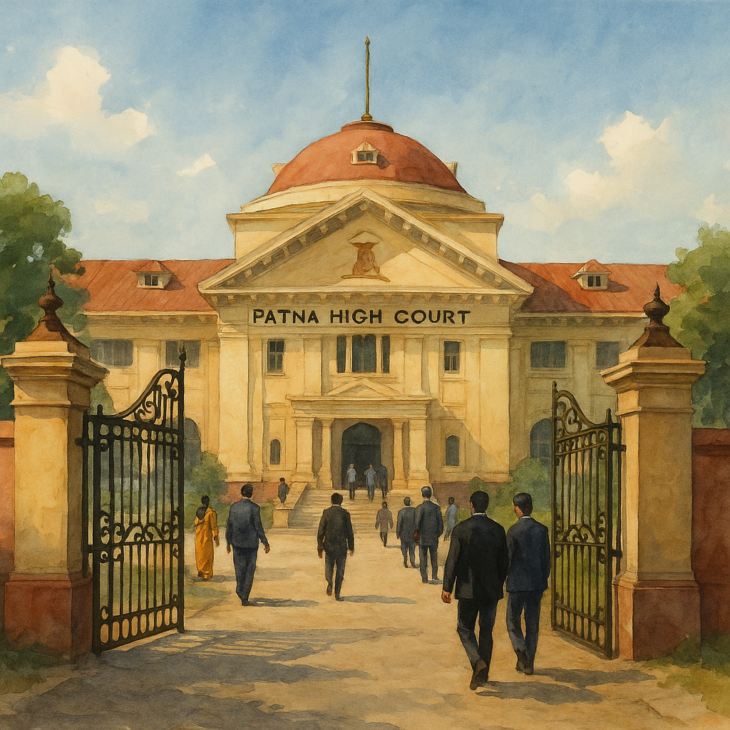 Patna High Court ka watercolor chitra jisme khule gate hain, jo kanooni prakriya aur arbitral award appeal ke kharij hone ka pratik hai.