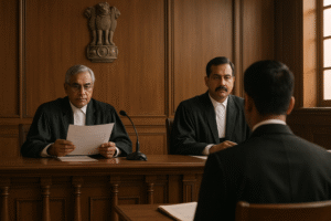 Indian courtroom scene with judges hearing a case on unfair-means allegations in MBBS examination.